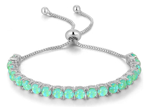 Pulsera De Tenis De Ópalo Verde Chapada En Plata Ajustable C