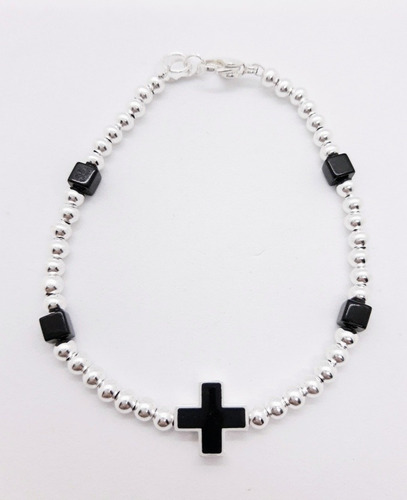 Pulsera Acero Blanco Plata Ionizado Cruz Negra