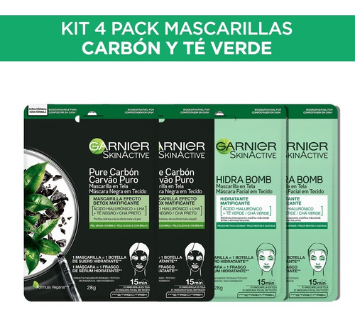 Kit Garnier 4pack: 2 Mascarilla En Tela Té Verde Y 2 Carbón