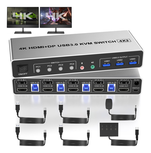 Conmutador Kvm Usb 3.0 Displayport+hdmi 2 Monitores 4 Comput