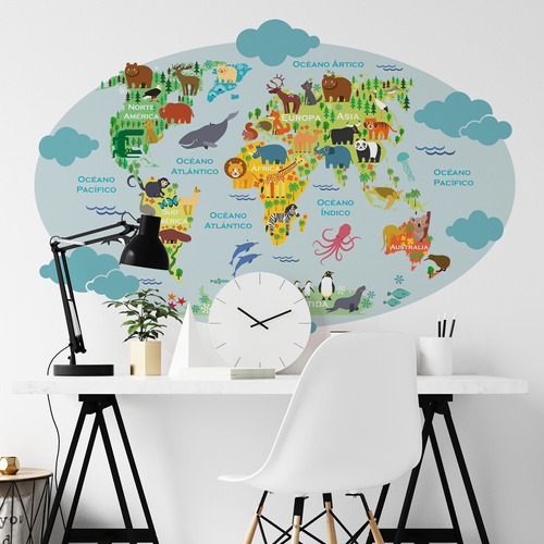 Mapa Infantil Con Animales De Vinilo Autoadhesivo Para Pared