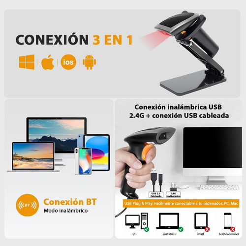 Escáner Código De Barras Bluetooth 2d 1d Con Soporte Y Usb