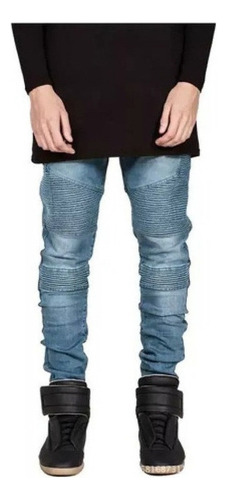 Jeans Biker Hombres Moda Slim Con Arrugado Diseño