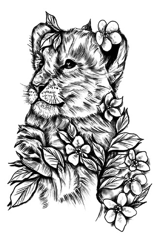 Tatuagem Temporária - Filhote Leoa Flores Delicada - Unissex