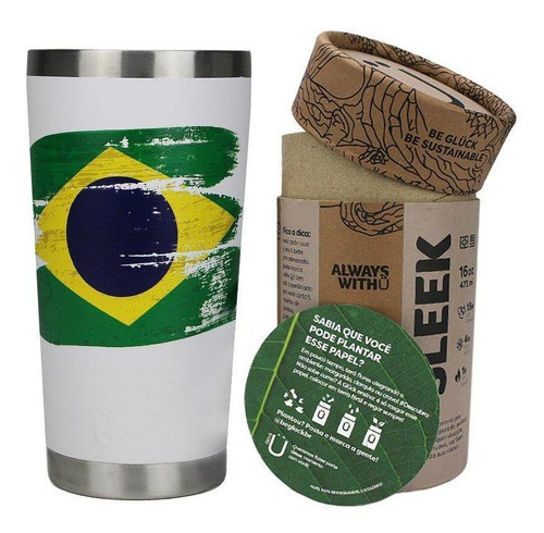 Copo Térmico Gluck Sleek Future Bandeira Br 473ml Inox 4h Ge Cor Branco Liso