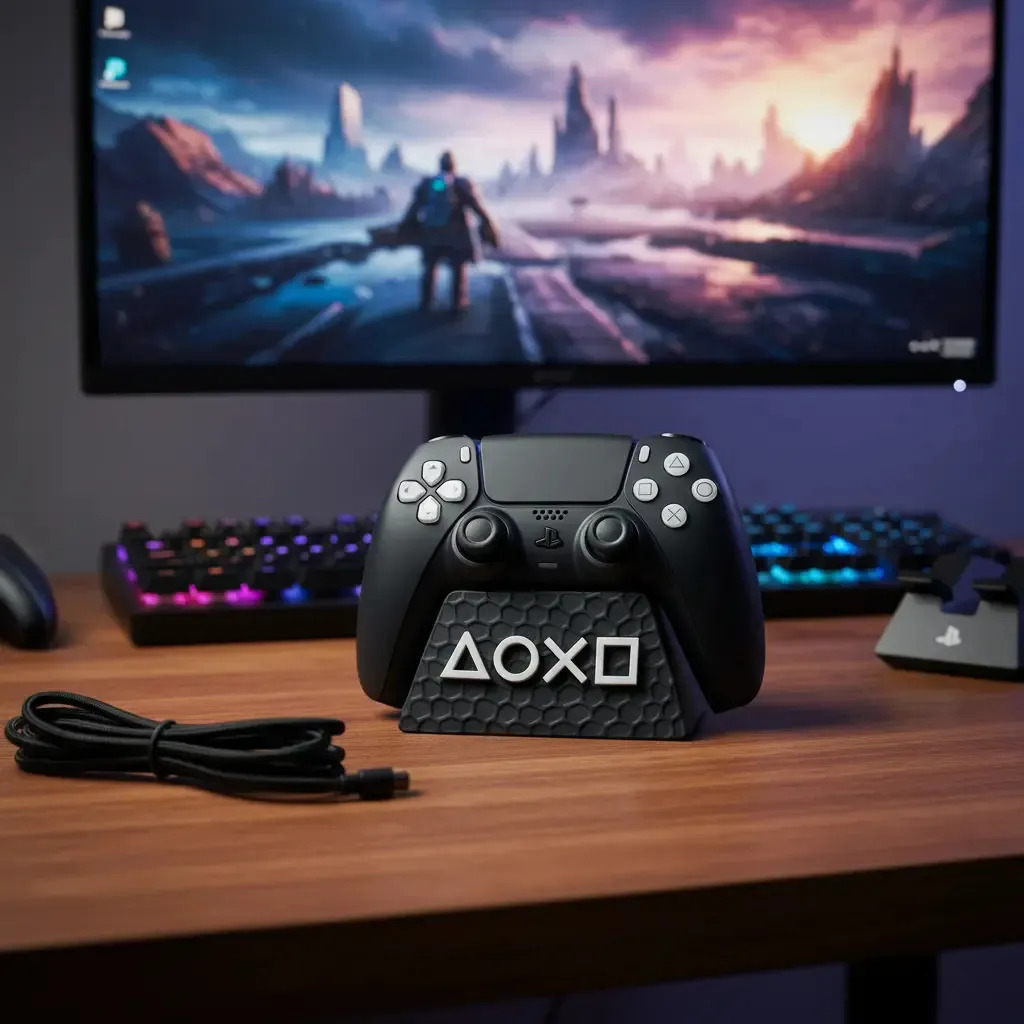 Suporte Controle Ps5 Gamer De Mesa 3d Organiza E Decora Cor Preto com logo branco