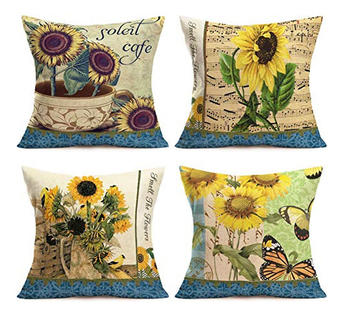 Fundas De Almohada De Lino Y Algodón Vintage Con Girasoles, 