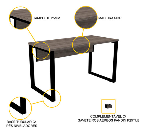 Mesa P/ Escritório 170x70 Pandin P25tub - Walnut/preto Walnut/preto