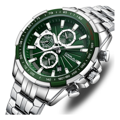 Relógio cronógrafo de luxo Crrju para homens com pulseira de calendário, cor: verde, prata