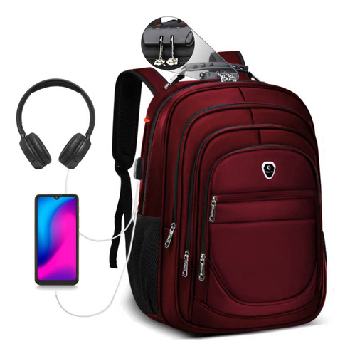 Mochila Escolar Executiva Masculina Feminina Com Cabo Usb Cor Vermelho Desenho do tecido Liso