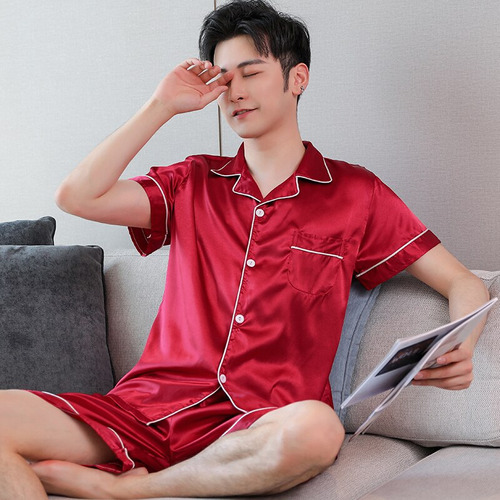 Pijama Para Hombre Y Mujer, Conjunto Corto De Seda Satinada