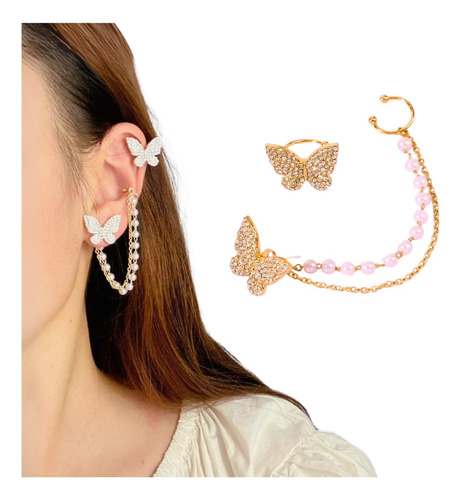 Aretes Mujer Solitario Set Ear Cuff Mariposas Perladas