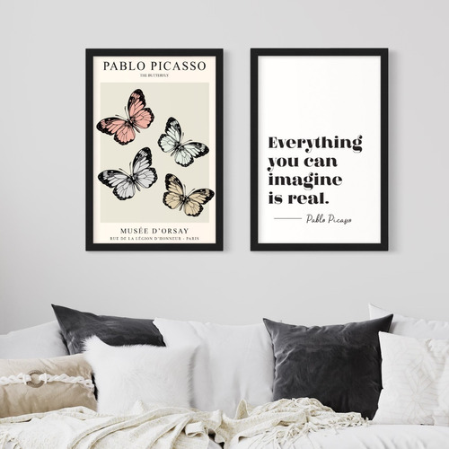 Set 2 Cuadros Con Vidrio - Picasso Mariposas Y Frase 30x45