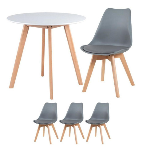 Kit - Mesa Redonda 80 Cm Branco + 3 Cadeiras Leda Cor Cinza-escuro