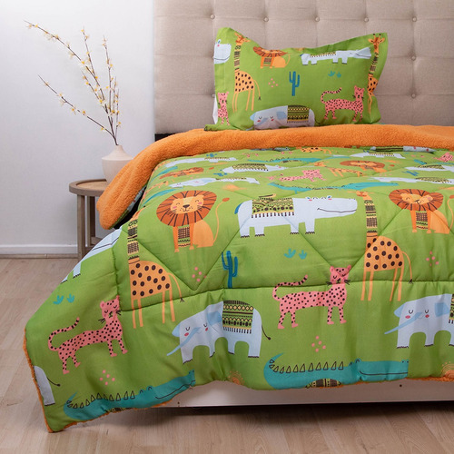Plumón Estampado Infantil Animales Deluxe Sherpa Verde Claro Animales