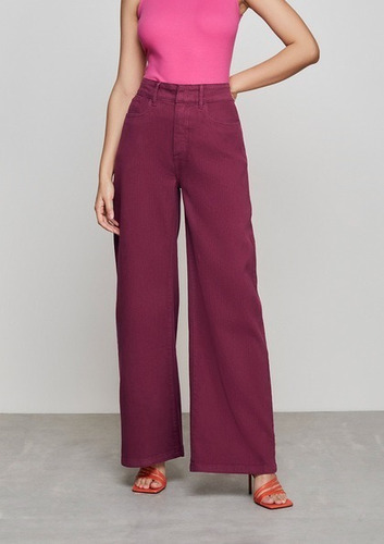 Imagem 2 de 10 de Calça Pantalona Em Sarja Cós Alto Com Elastano Uva Dzarm