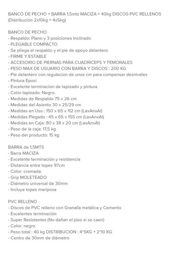 Banco Pecho + Barra 1,5 Mts + 40kg Discos Pesas Pvc