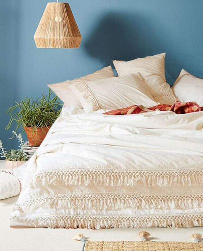 Flber Boho Ropa De Cama De Algodón Blanco Con Borlas Boho Fu