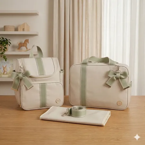 Kit Bolsa Maternidade Kit Completo 3 Peças Luxo Impermeável Bege Verde