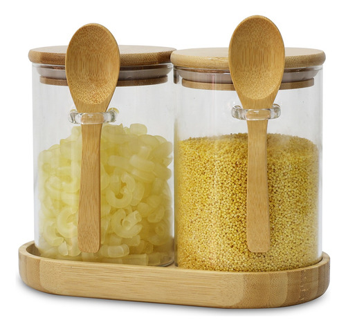 Conjunto De 2 Potes Vidro Com Tampa Colher Bambu E Bandeja