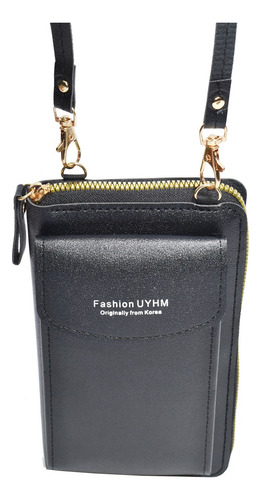 Cartera Bandolera Portacelular Tresher En Ecocuero Negro Lisa Dorado Negro
