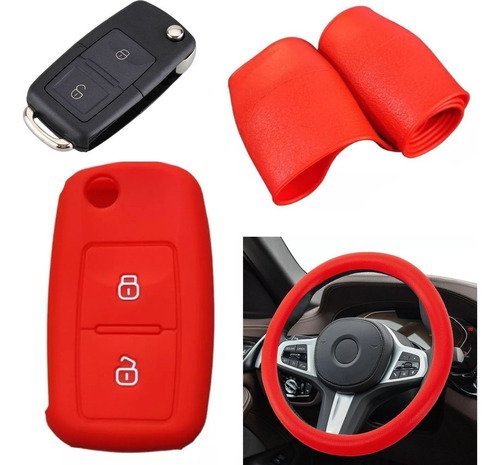 Cubre Volante + Funda Llave Silicona - Amarok Saveiro - Rojo