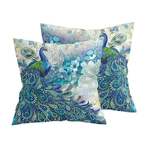 Fundas De Almohada Estampado De Pavo Tonos Azules Y Tur...