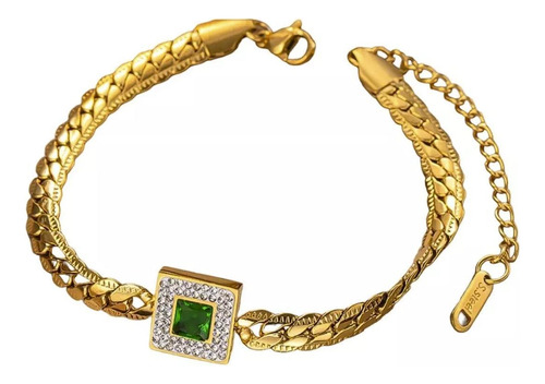 Pulseira Luxo Pedra Verde Feminina - Banhada A Ouro 18k