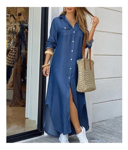 Loose Shirt Dress With Button And Printed Pockets