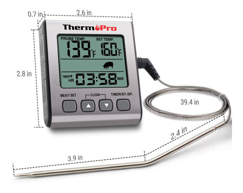 Imagen 2 de 7 de Termómetro Digital Con Sonda Thermopro Tp16 Carnes Timer