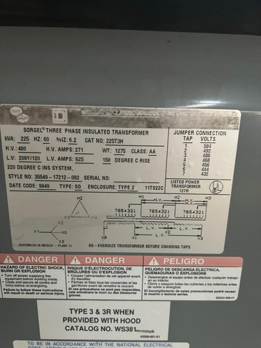 Transformador Seco Square D Cat No. 225t3h 225 Kva (Usado)