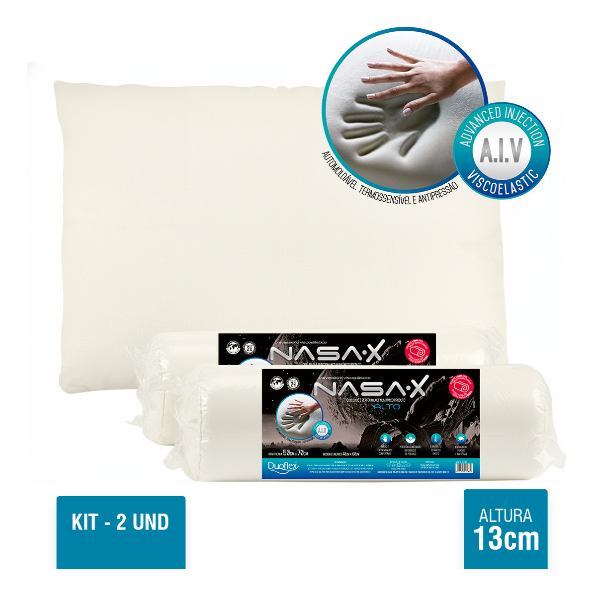 Kit 2 Travesseiros Nasa X Alto 13 Cm de Altura Viscoelástico Duoflex Capa Cor Bege