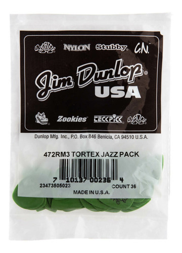 36 Plumillas Dunlop Tortex Jazz Verde .88 472rm3