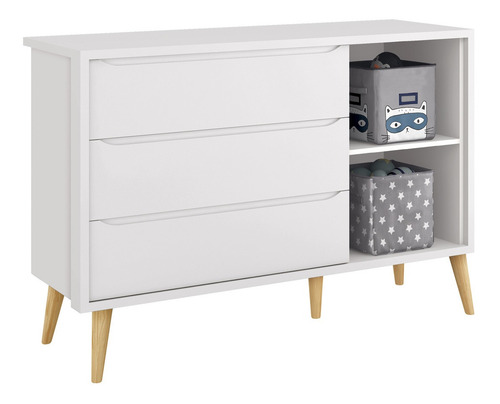 Jogo De Quarto Bebê Théo Retrô Branco Natural 3 Portas