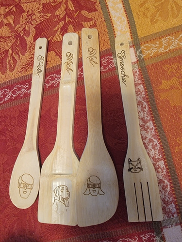 Set Utensilios De Cocina Bambú Grabado Laser Personalizado 