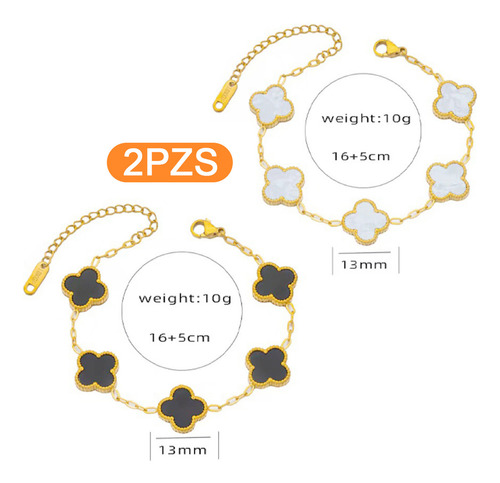 2 Pulsera Trébol Cuatro Acero Inoxidable Novia Mujer Color Negro/blanco