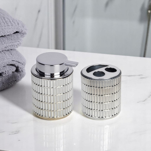Set Accesorios Baño Dispenser Vidrio Porta Cepillo Plata