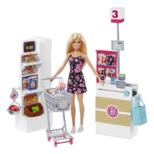 Muñeca Barbie, Rubia Y Tienda De Comestibles Con Carro Roda