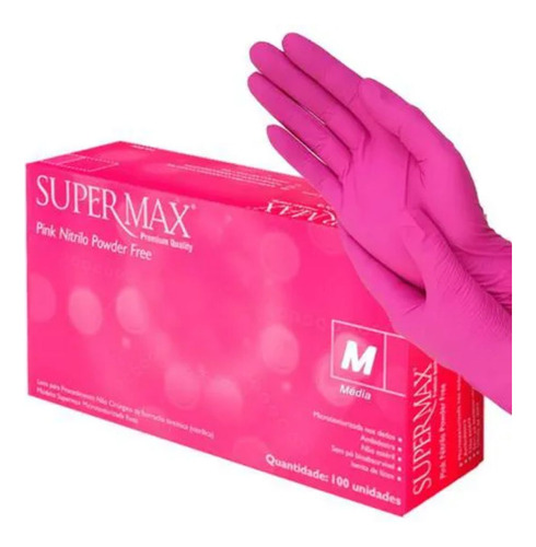 Luva Supermax Nitrilo Sem Pó Powder Free Cor Pink 100un Cor Rosa Tamanho M