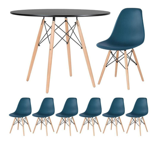Kit Mesa Jantar Eames Wood 100 Cm 6 Cadeiras Eifel Cores Cor Mesa preto com cadeiras azul petróleo
