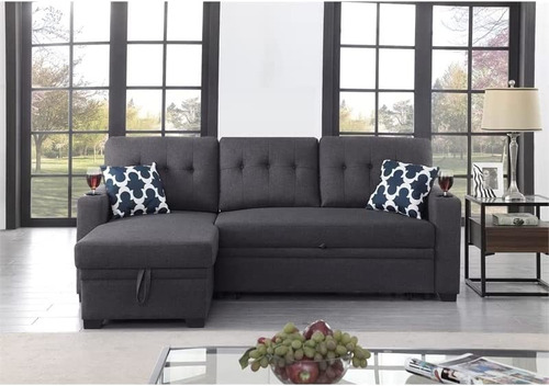 Sofa Cama Reversible Portavasos Tela Color Gris Devion F