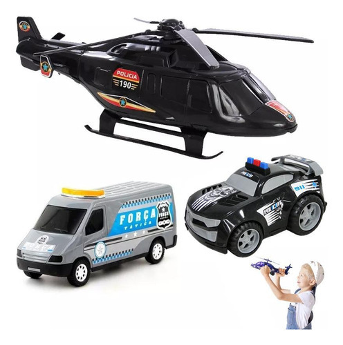 Kit Helicóptero De Brinquedo Infantil Van Carro Polícia