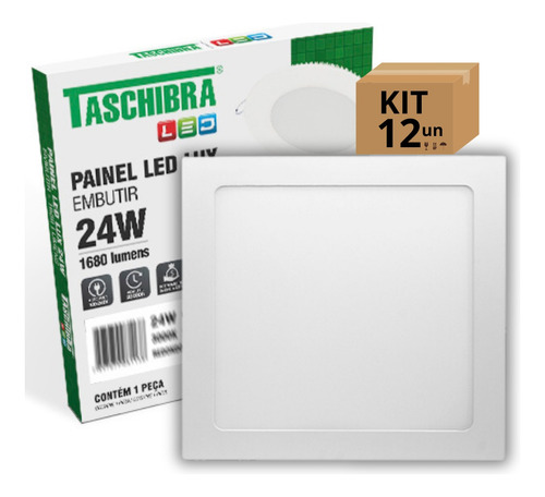 Kit 12un Painel Led Taschibra Embutir Quadrado 24w 6500k