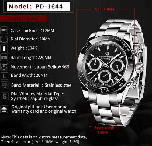 Relógio Aço Pagani Design Pd1644 Movimento Japão Seiko Vk63