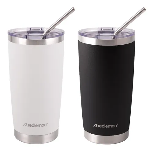 Vaso Térmico Doble Pared de Acero Inoxidable 600 ml (2 Piezas). Termo para Agua y Café con Tapa Hermética. Taza Mantiene tu Bebida Caliente 4 Horas y Fría 6 Horas. Incluye Popotes y Limpiador