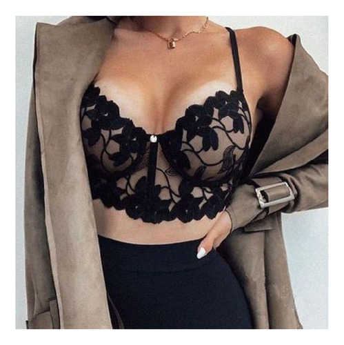 Bralette De Encaje Transparente Con Tirantes Finos Y Cuello