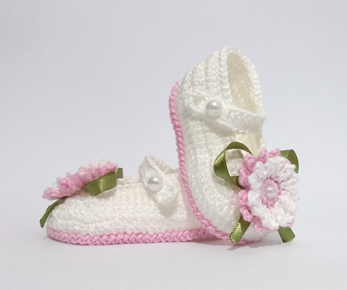 A356 Sapatinho Croche Para Bebe Feminino Branco Perola Flor