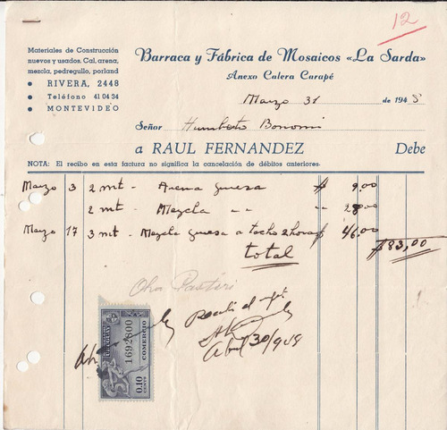 Lote 2 Boletas De Comercios Construccion Montevideo 1948