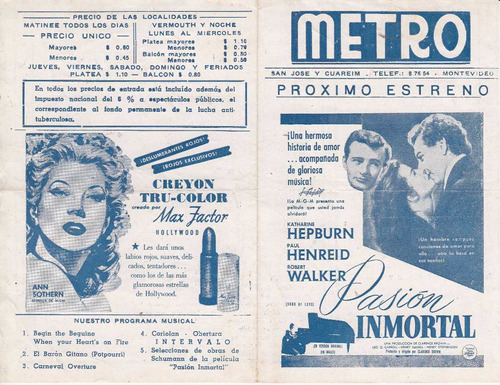 1948 Programa Cine Metro Song Of Love Katharine Hepburn Raro