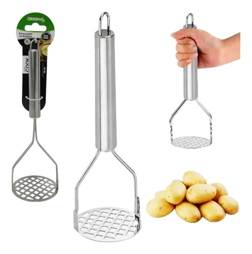 Kit Amassador De Batatas Multiuso Inox E Amassador De Alho